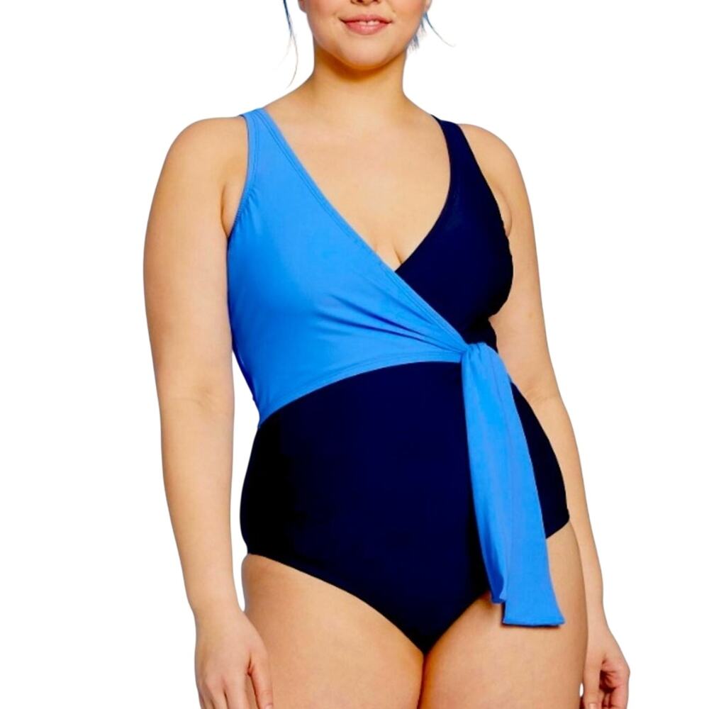 NWT Kona Sol Blue Wrap One Piece Swimsuit M Flattering Fit